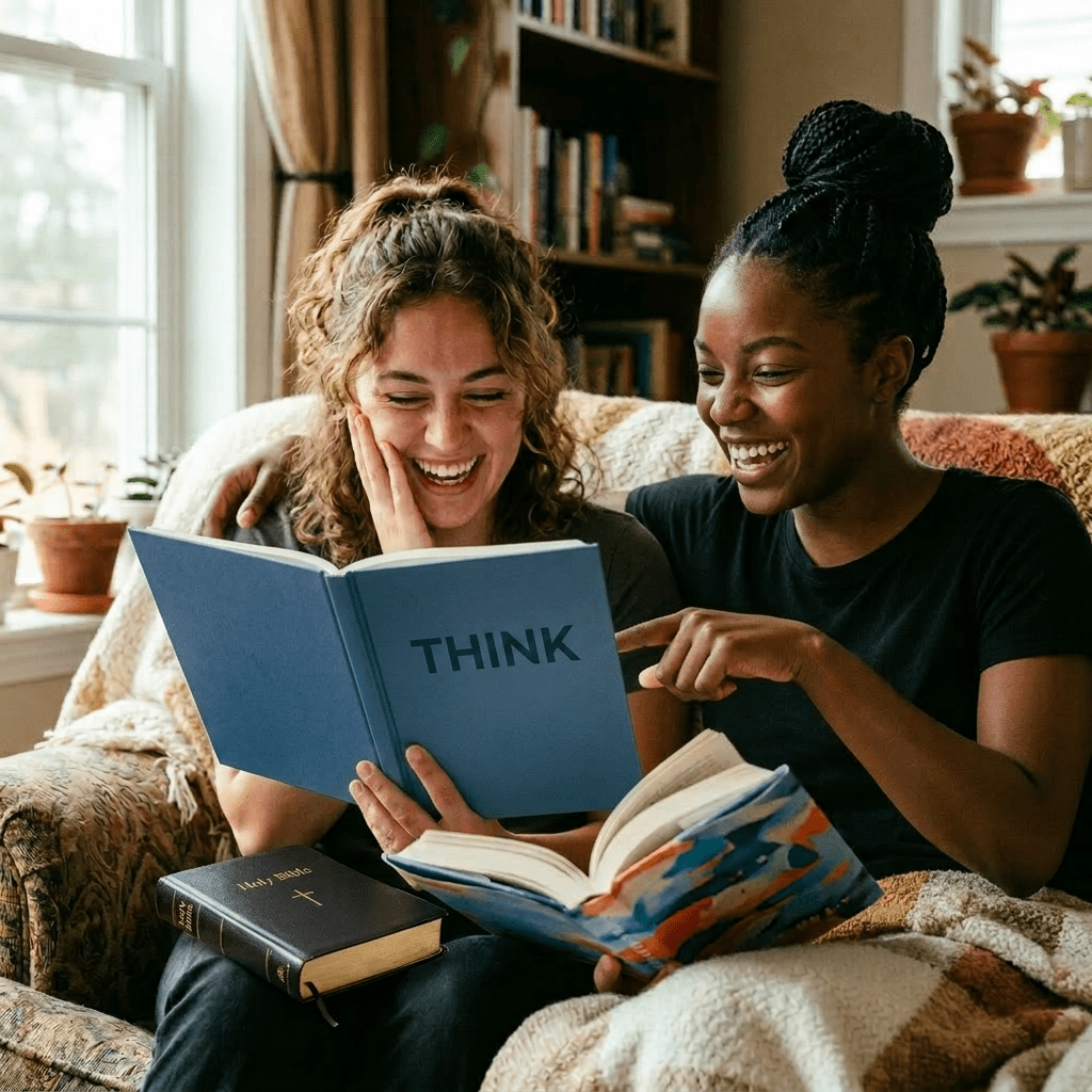 Two women sitting on a sofa smiling and reading a handwritten book review in a notebook